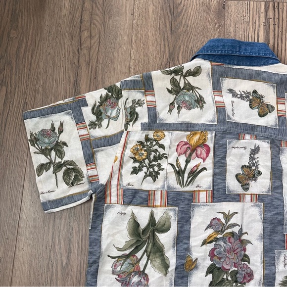 Vintage Patchwork Floral Boho Denim Collard Button Up Blouse Linen HGNY - Picture 6 of 8